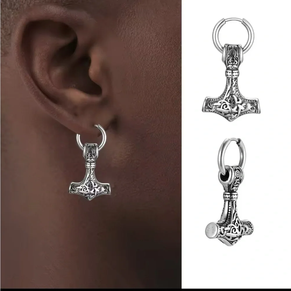18K White Gold Mjolnir Thor’s Hammer Viking Celtic Runes Unisex Hoop Earrings